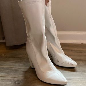 Mid calf white gogo boots with pointed toe